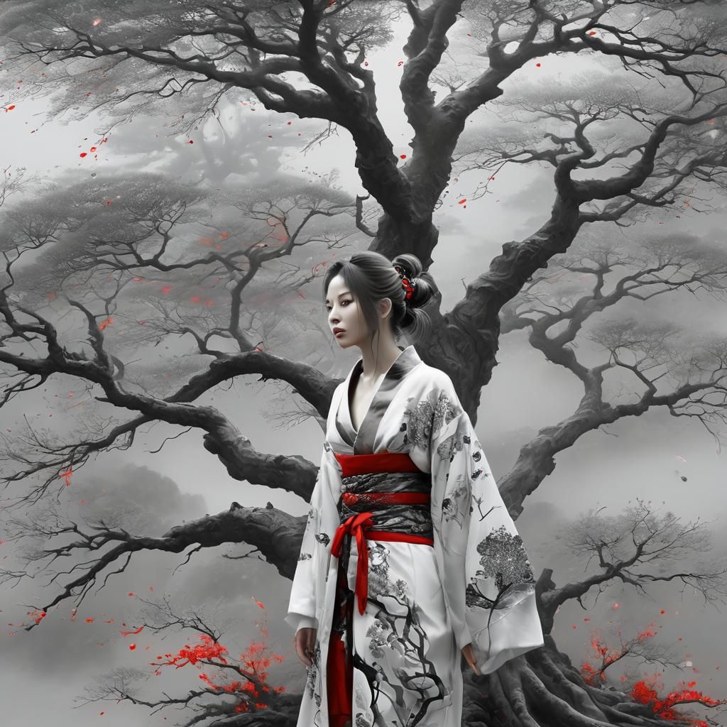 Japanese Girl in Abstract Landscape, Digital Art