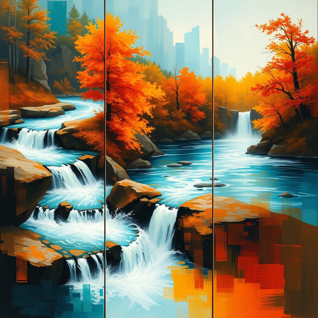Dreamlike Autumn Waterfall in Layered Panels