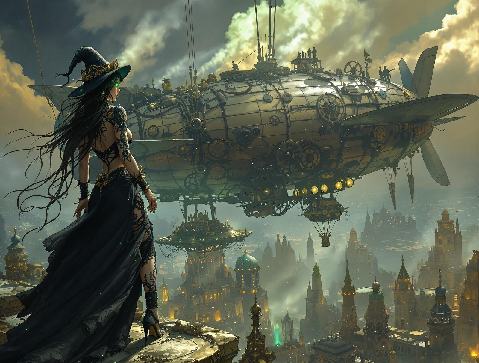 Dieselpunk Sorceress on Steam-Powered Zeppelin