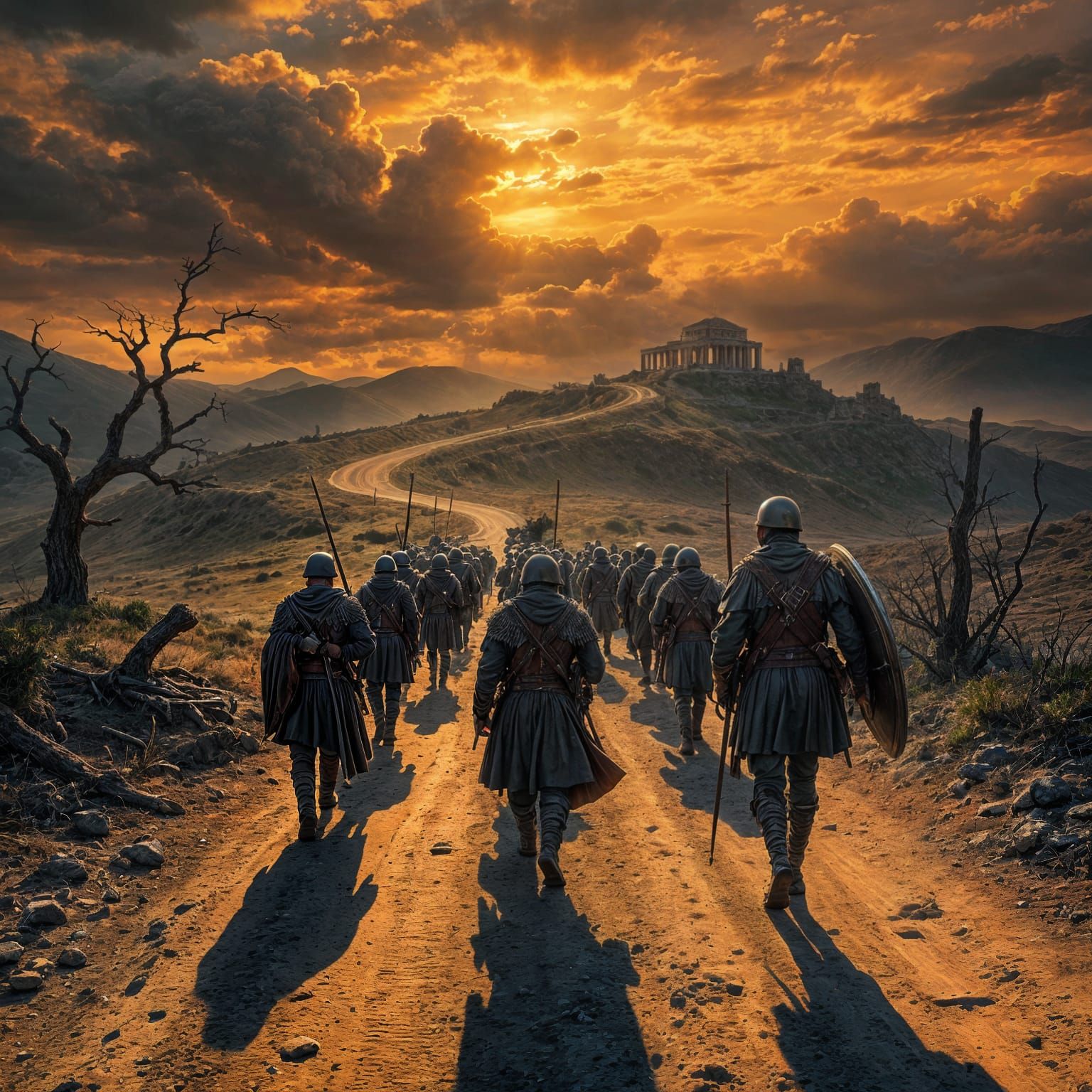 Weary Greek Phalanx Seeks Refuge Under a Bloody Sunset