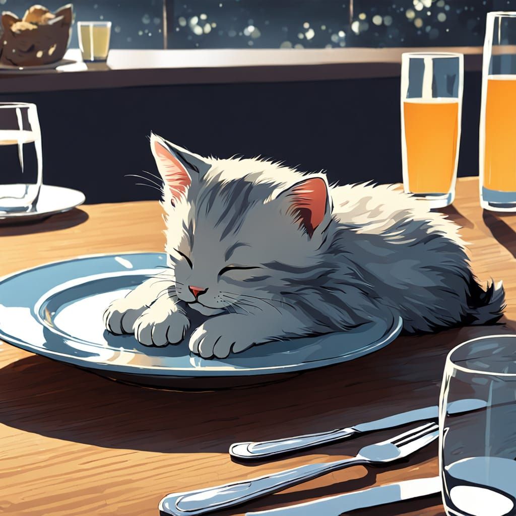 Kitten asleep on a table setting in the glass