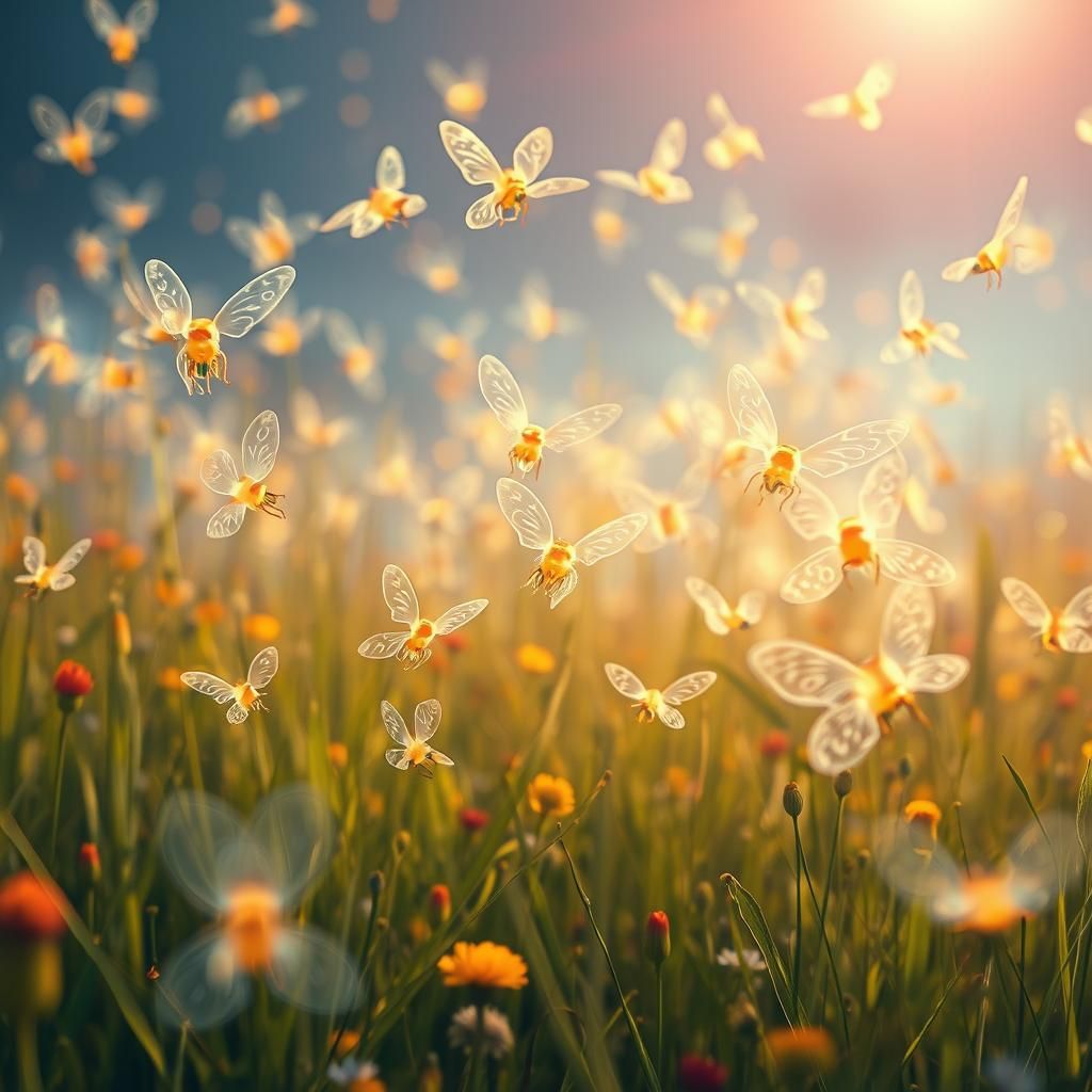 Fireflies in Sun-Drenched Meadow: Dreamlike Illustration