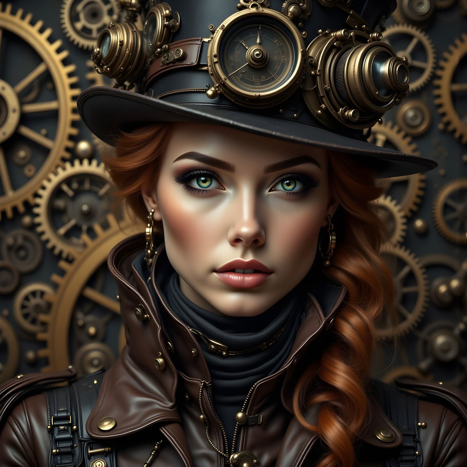 Steampunk Woman Portrait with Gears and Warm Light