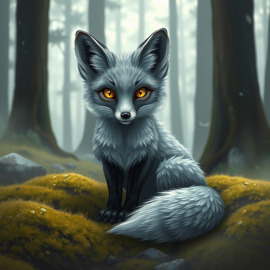 Ethereal Grey Fox in Whimsical Forest Landscape