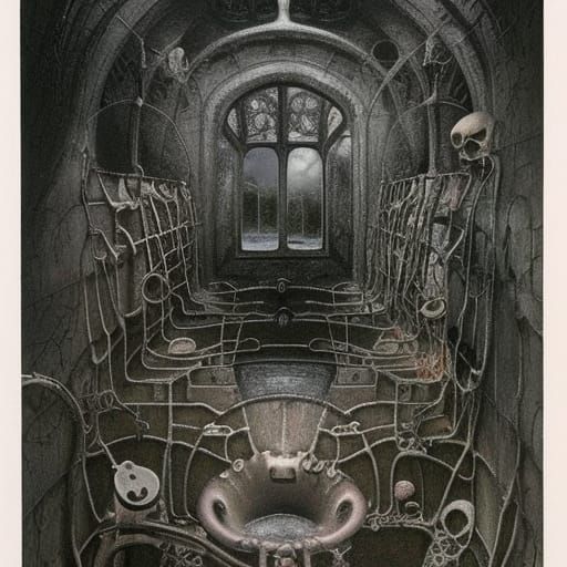 Ethereal Skeleton Reflection in Gothic Bathroom