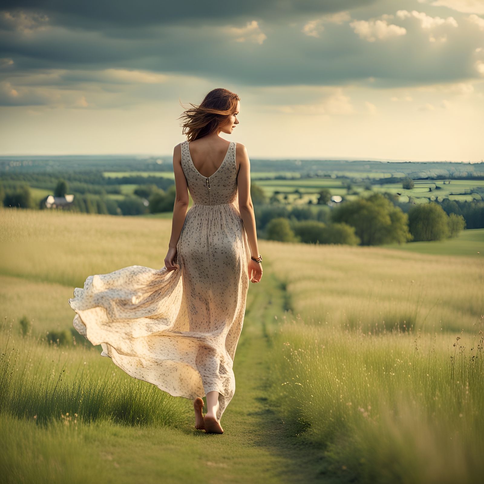 Beautiful woman wearing a long summery dress walking through the meadows.
