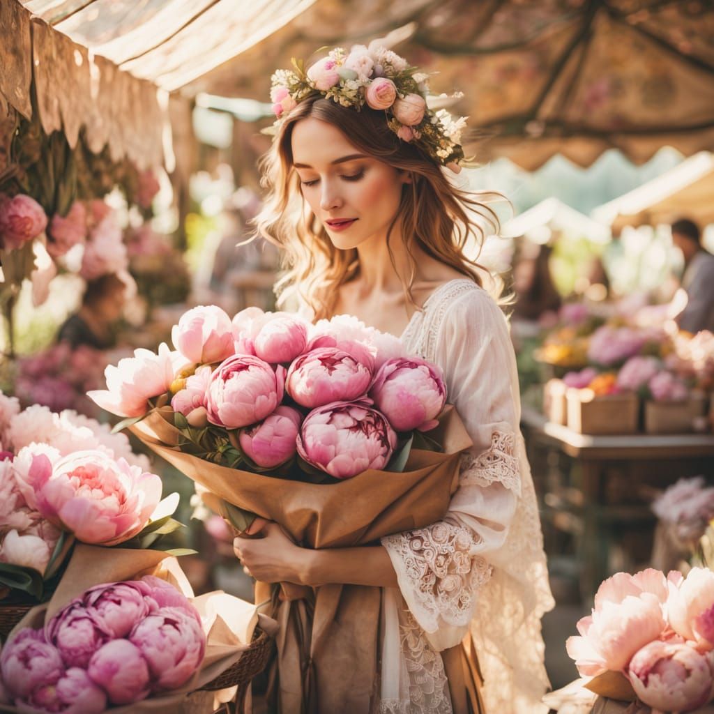 Bohemian Woman Selling Peonies in Watercolor Style