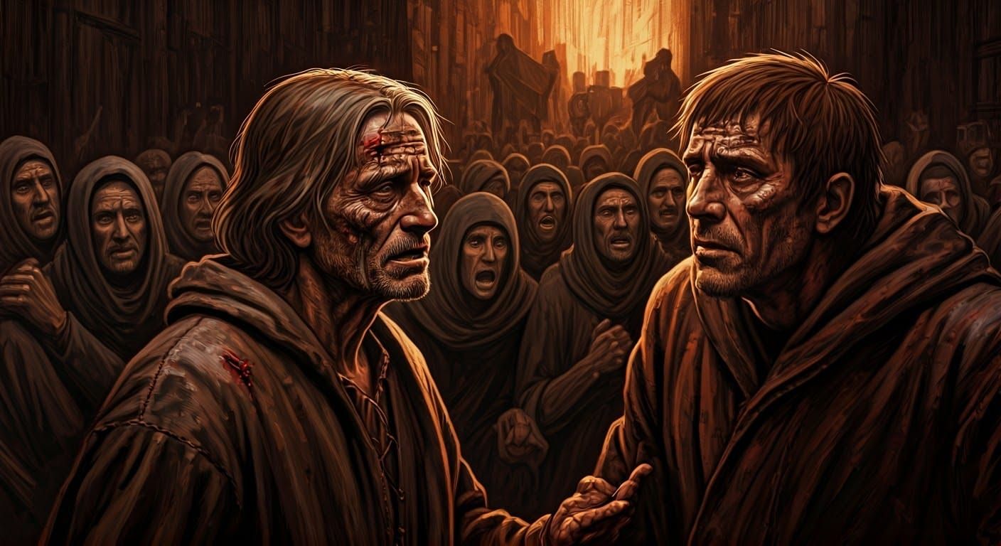 Dark Fantasy Refugee Scene in 1970s Book Art Style