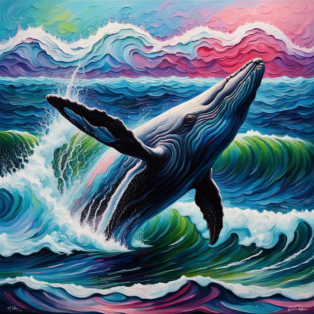 breathtaking tactile texture impasto painting with rough, smooth, bumpy and scratchy surface of an abstract whale with b...