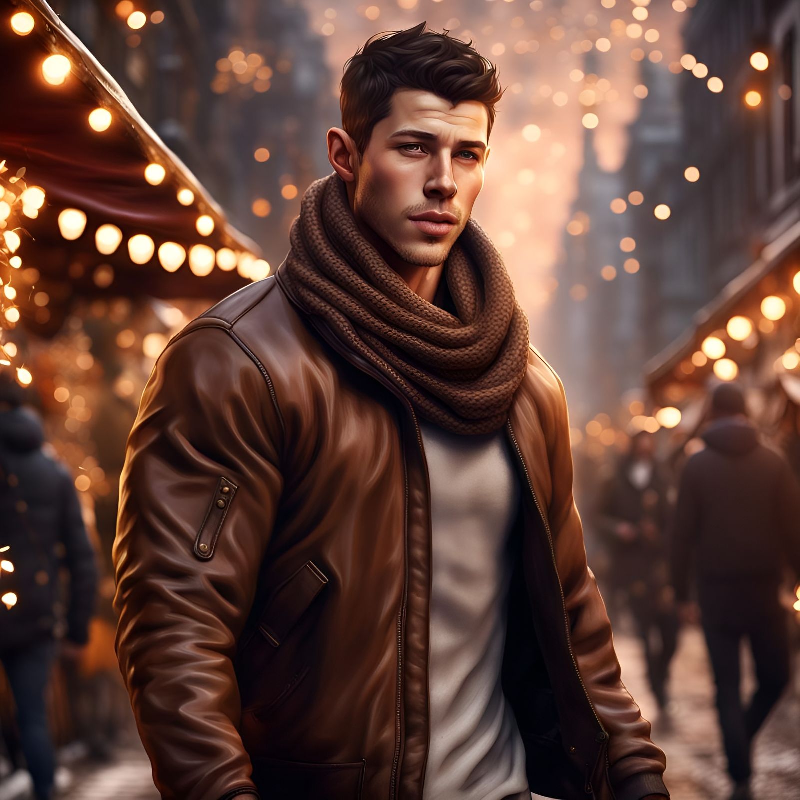Festive Street Scene: Handsome Man in Detailed Digital Art