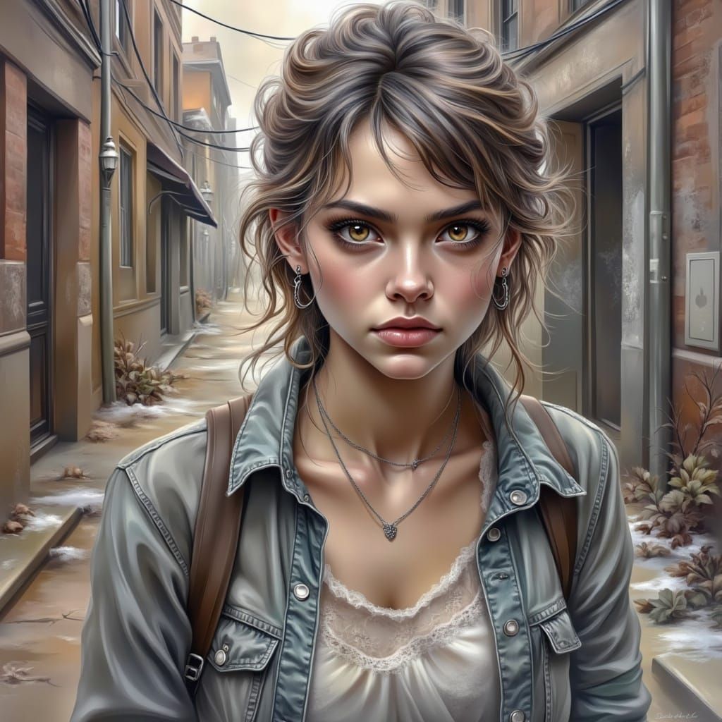 Bitter Young Woman in Tattered Winter Clothes