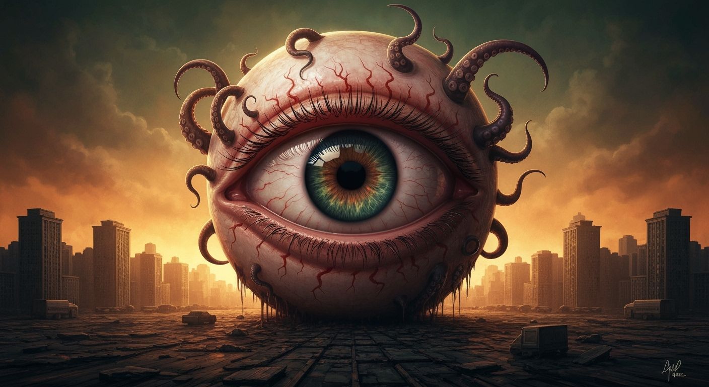 Giant Eyeball With Tentacles Over Cityscape