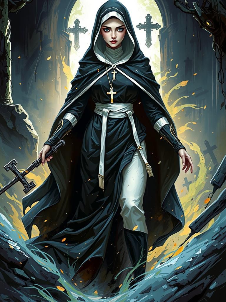 Nun with Orthodox Cross in Animated Style