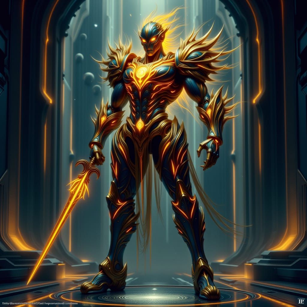 Robotic Knight Roomba with Golden Aura and Sword