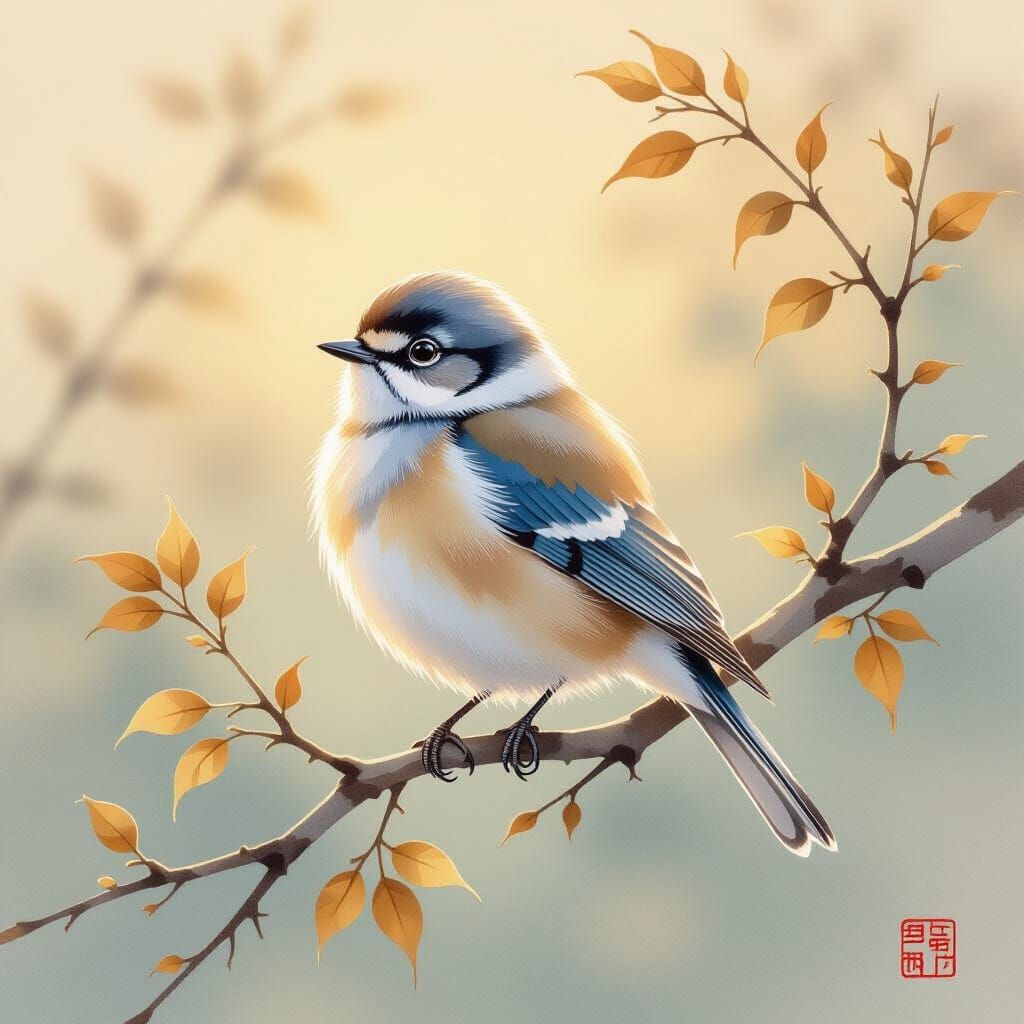 Fluffy Bird on Branch in Watercolour Style