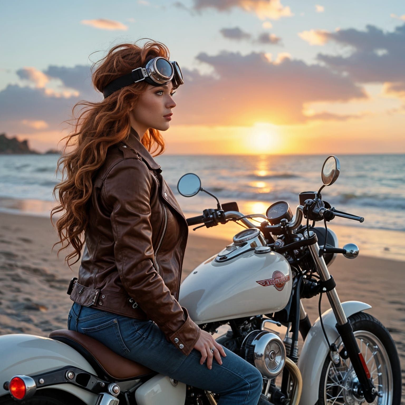 Woman on White Motorcycle at Sunset, Steampunk Style