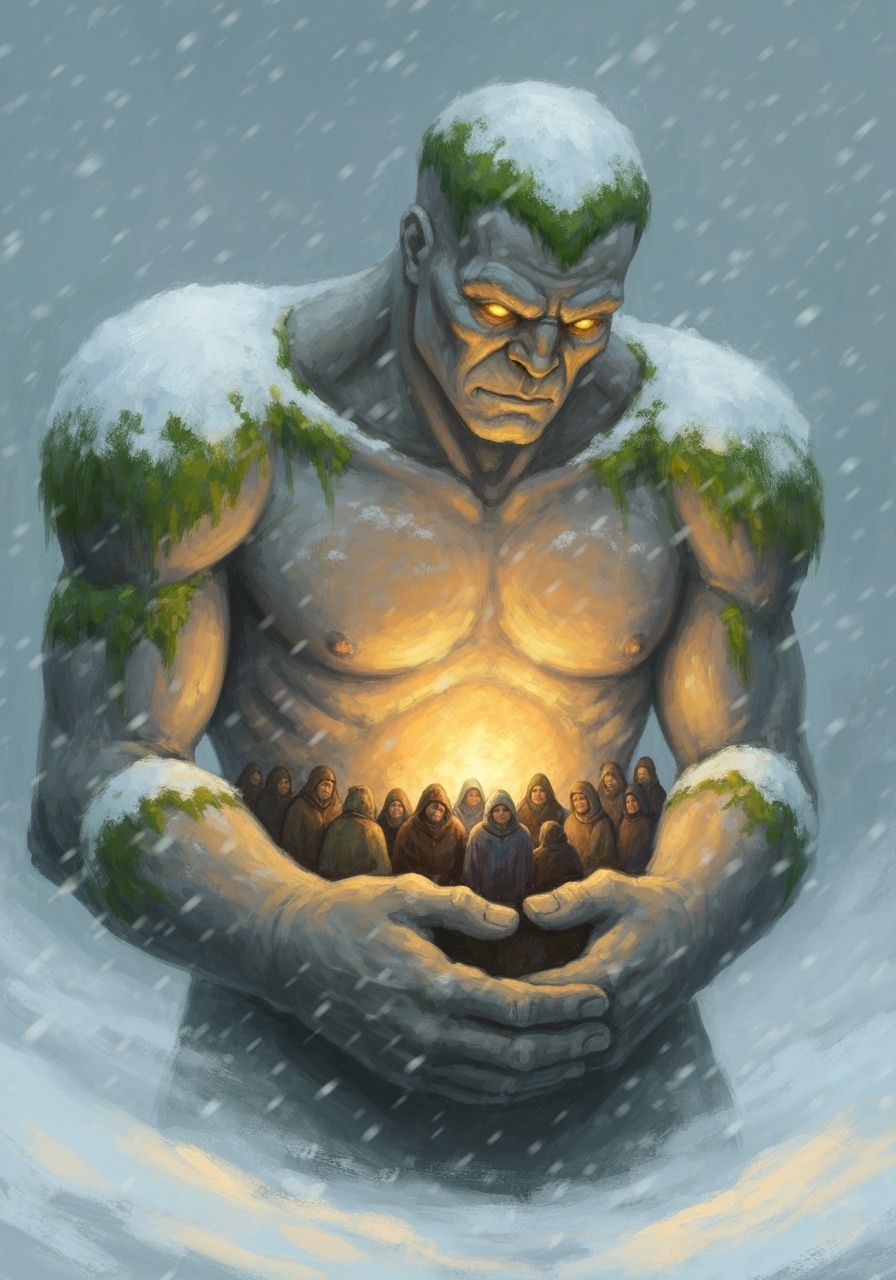 Impressionist Stone Giant Shelters Village in Blizzard