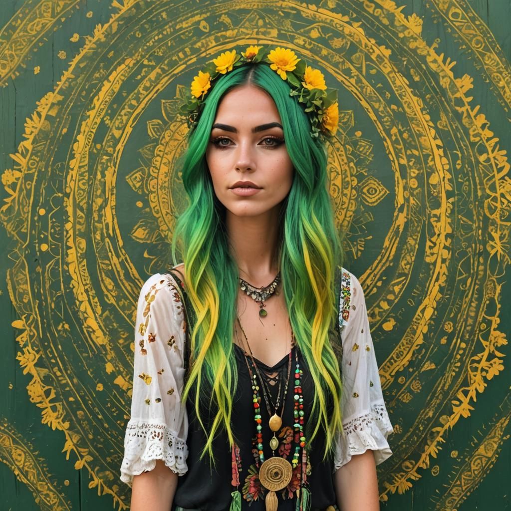 Bohemian Festival Girl with Green and Yellow Hair