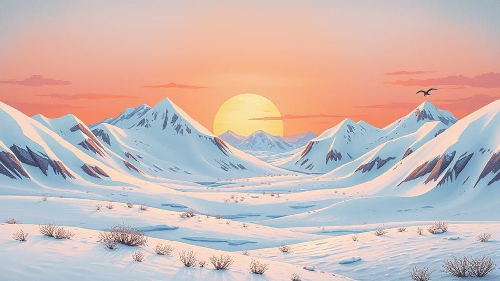 Whimsical Arctic Sunset Landscape, in Watercolor Storybook S...