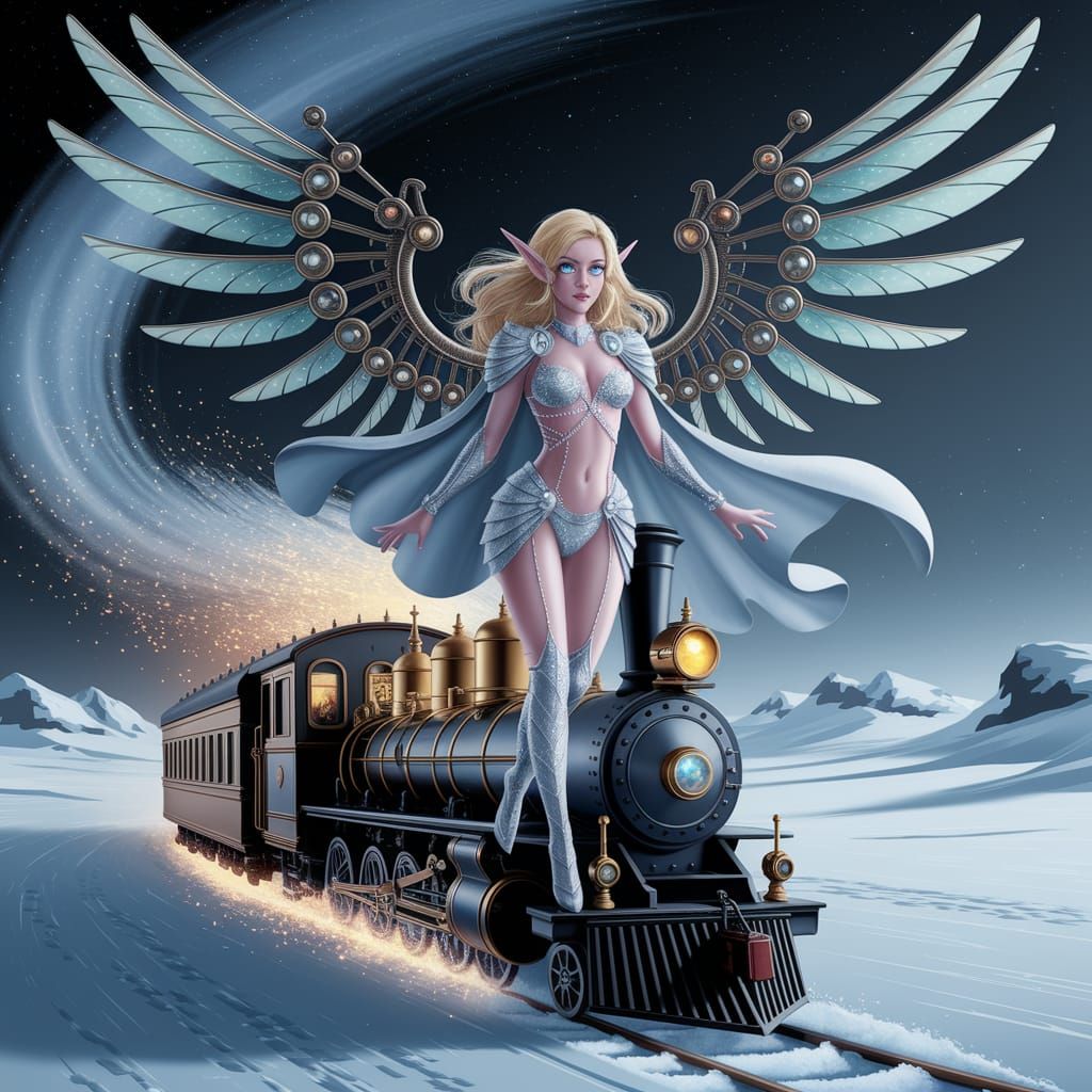 Elf on a Steam Locomotive with Mechanical Wings