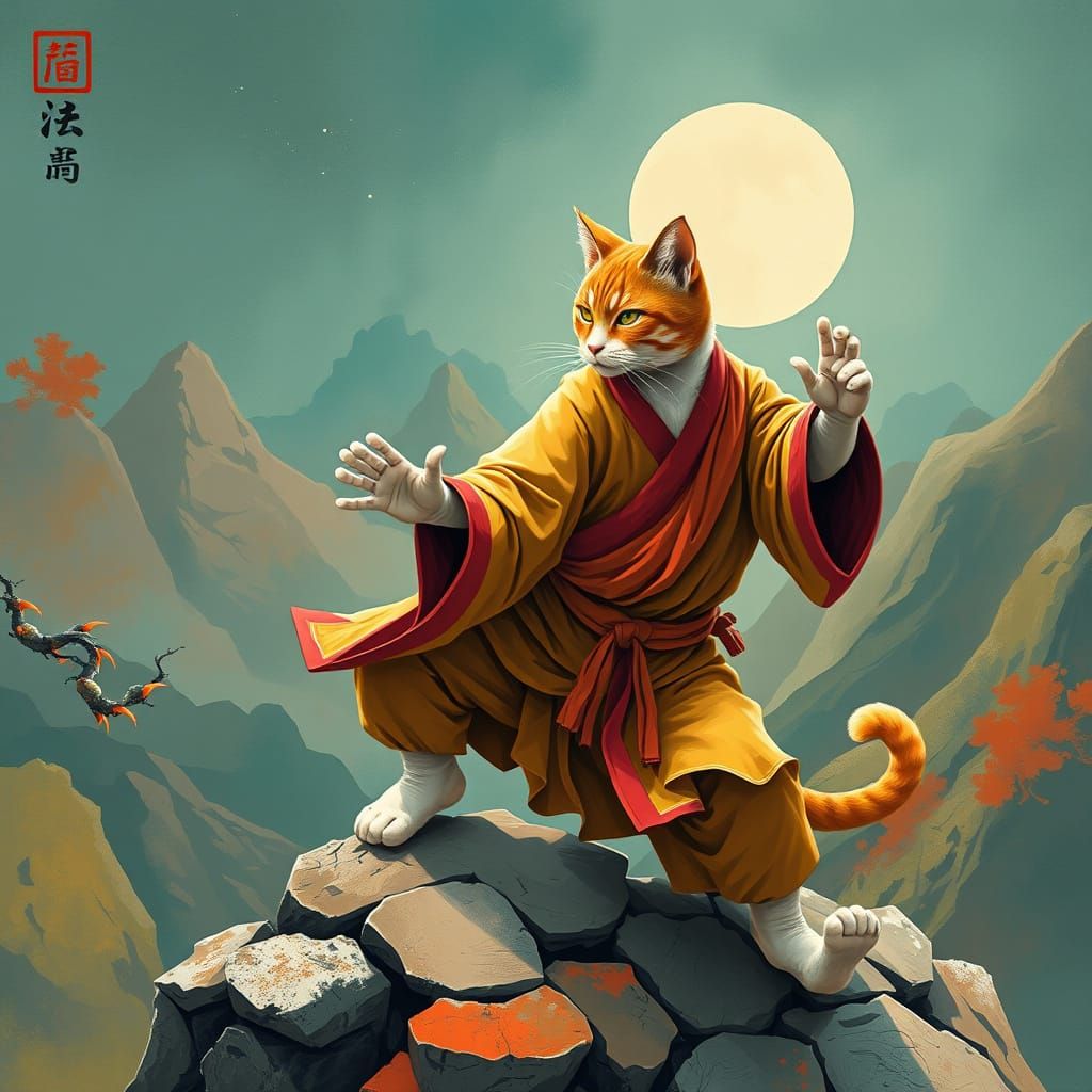 Mystical Feline Warrior in Vibrant Abstract Style