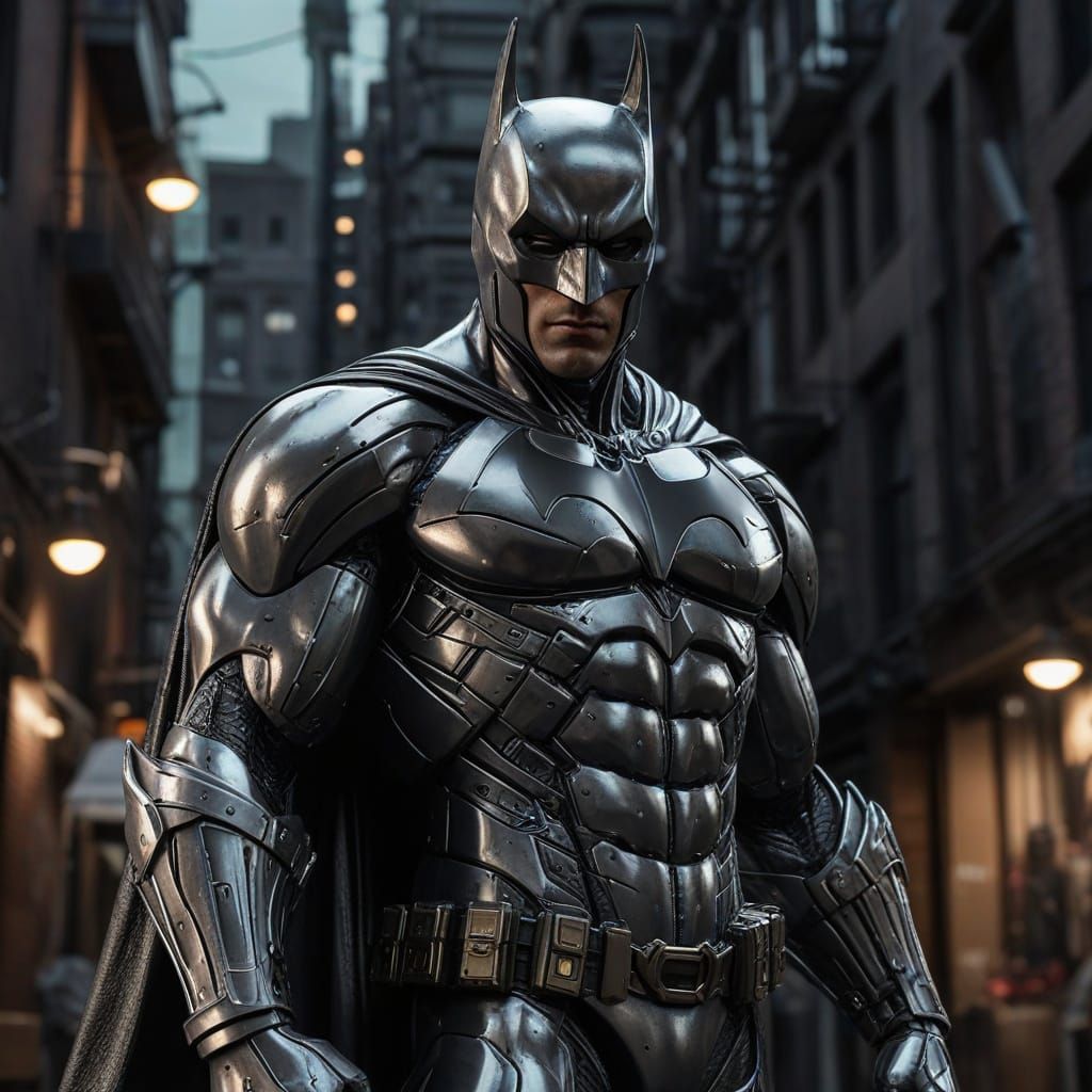Chrome Batman Statue in Cyberpunk Style