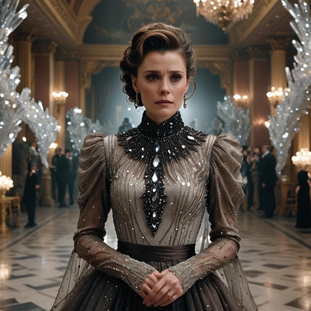 Woman in Crystal Dress in Grand Ballroom, Hyper-realistic