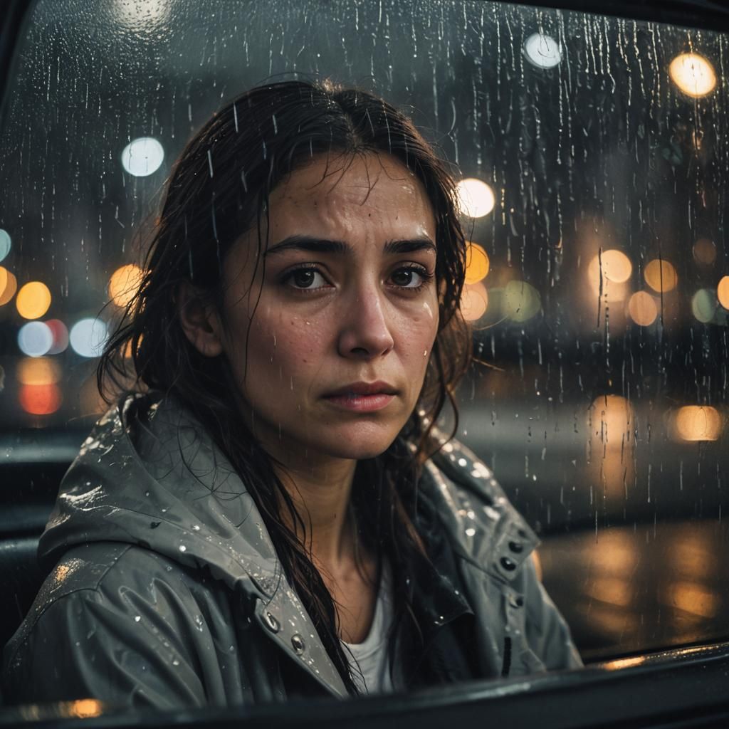 Sad Woman in Car Backseat Rainy Night Portrait