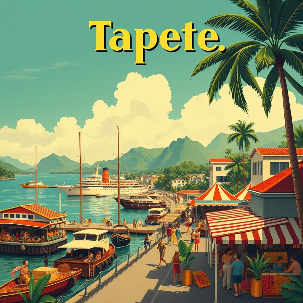 Papeete, Tahiti Harbor in Vintage Art Deco Style