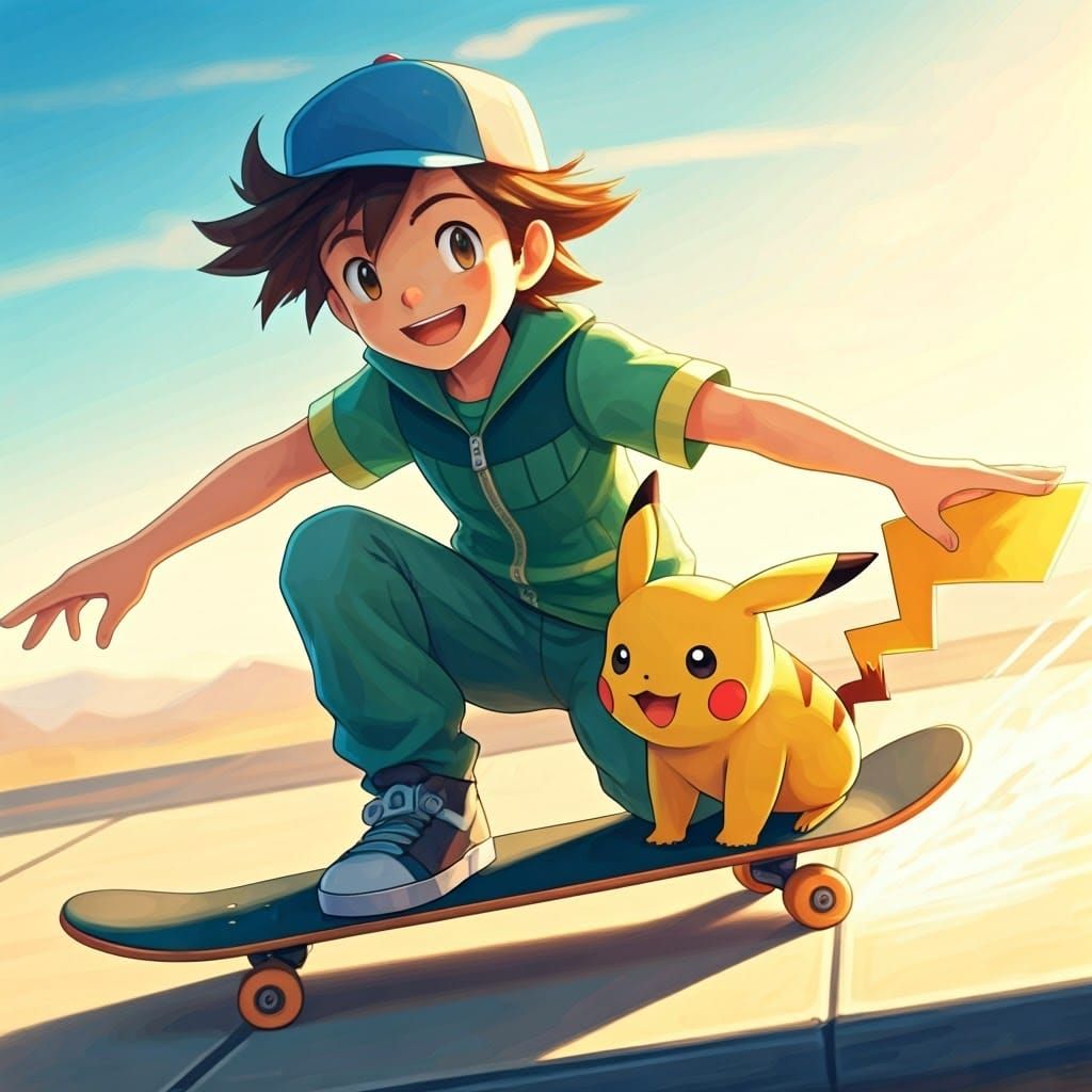 Pokémon Trainer and Pikachu Skate Together in Vibrant Summer...