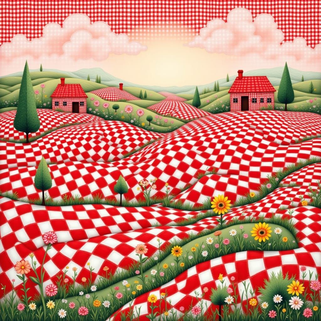 Whimsical Folk Art Landscape in Gingham Pattern