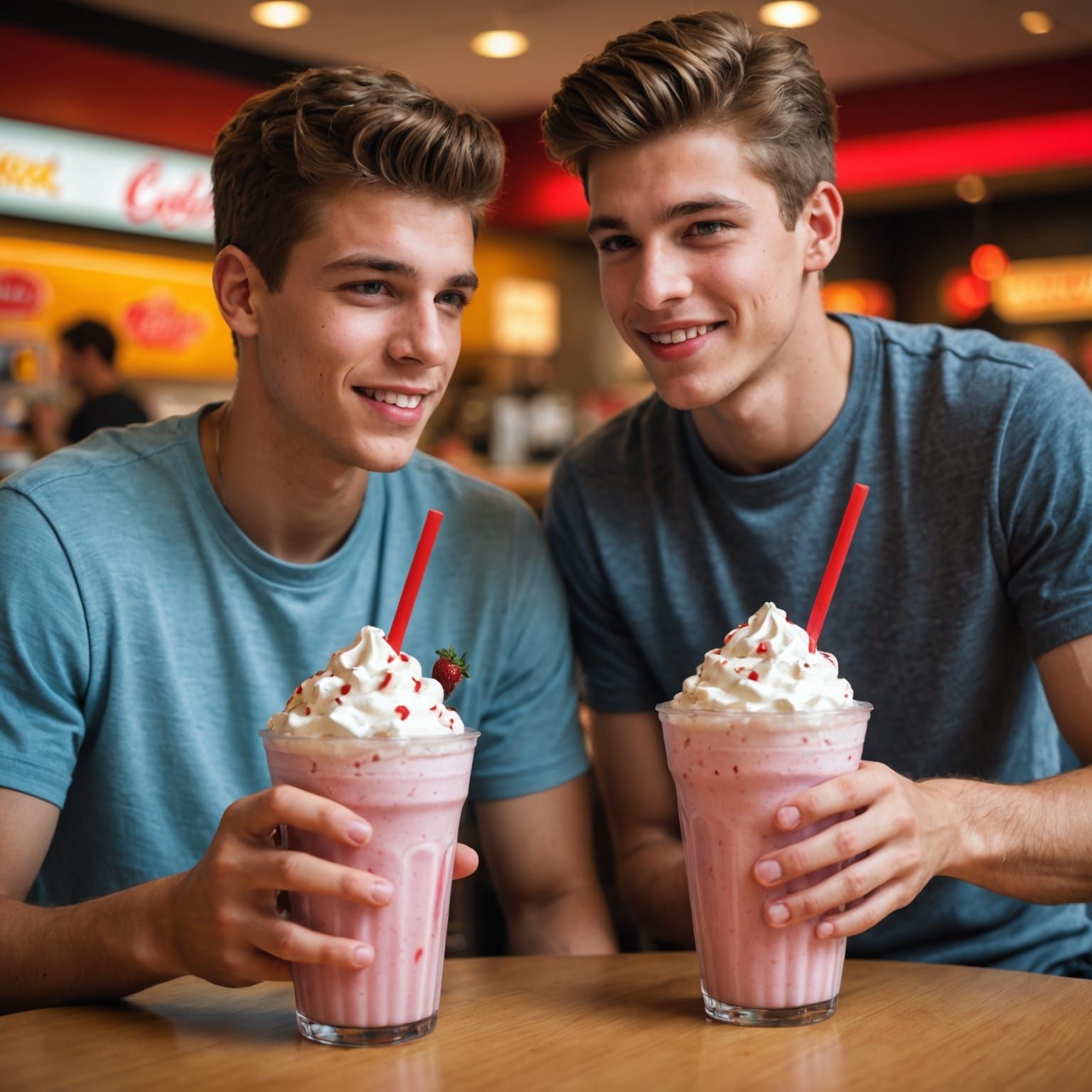 Gay Couple Shares Milkshake: Hyperrealistic Restaurant Scene