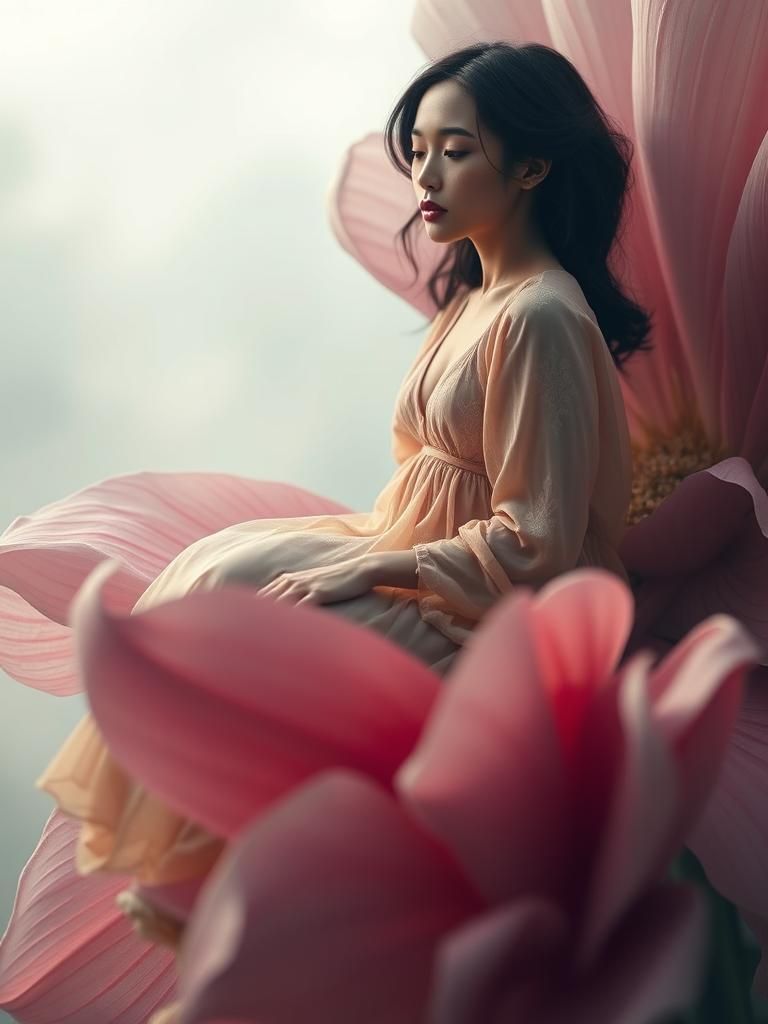 Dreamy Woman on Flower Petal: Ethereal Fine Art