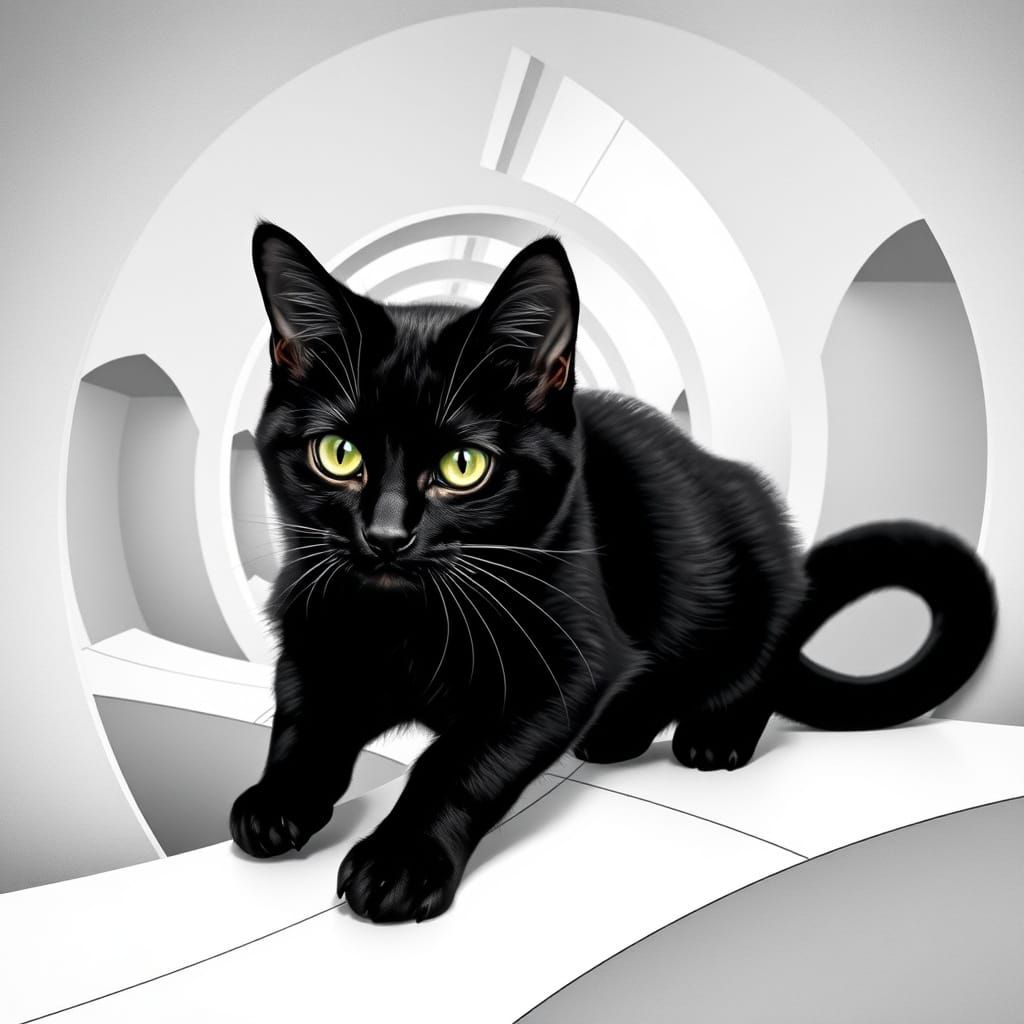 Surreal Black Cat Navigates Impossible Geometric Labyrinth i...
