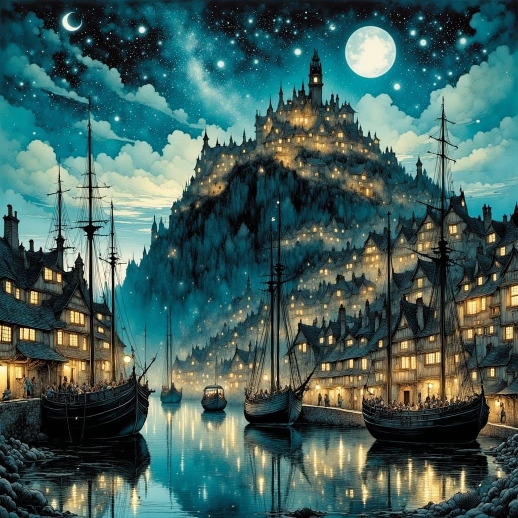 Medieval Port Town Under Starry Sky in Vintage Style