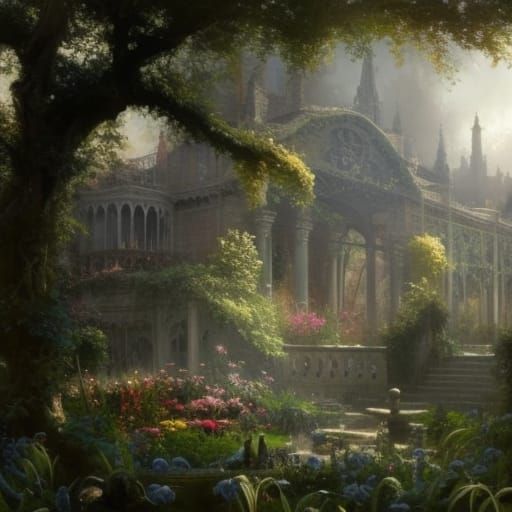 Lush Victorian Garden with Gothic Arches