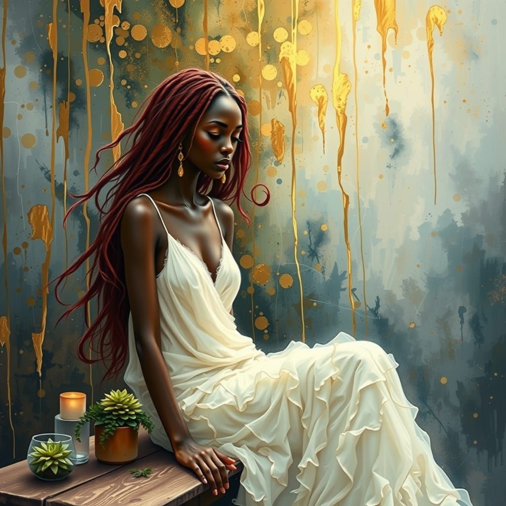 Serene Woman in Flowing Gown Contemplating Nature