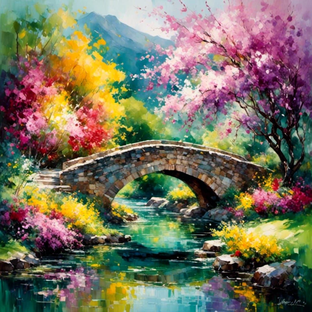 Korean Garden Park with Spring Blooms as Orientalist Paintin...