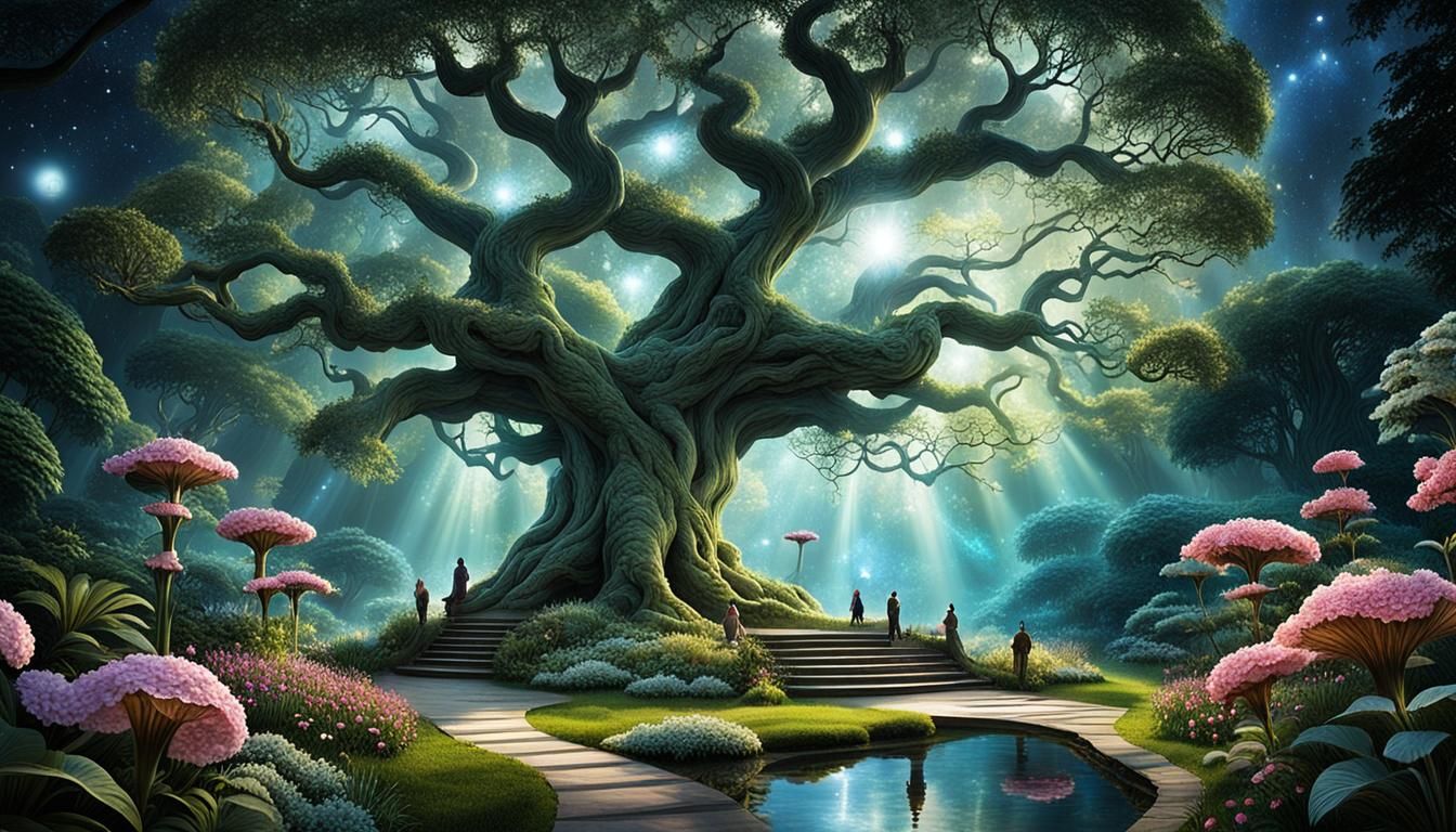 Enchanted Garden with Magical Flowers and Celestial Light