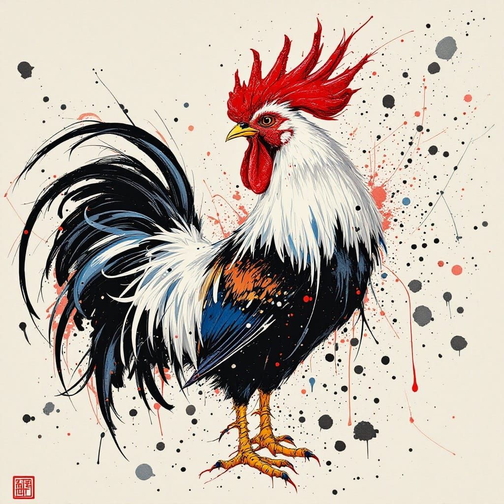 Regal Rooster Reigns in Dynamic, Pollock-Inspired Scene