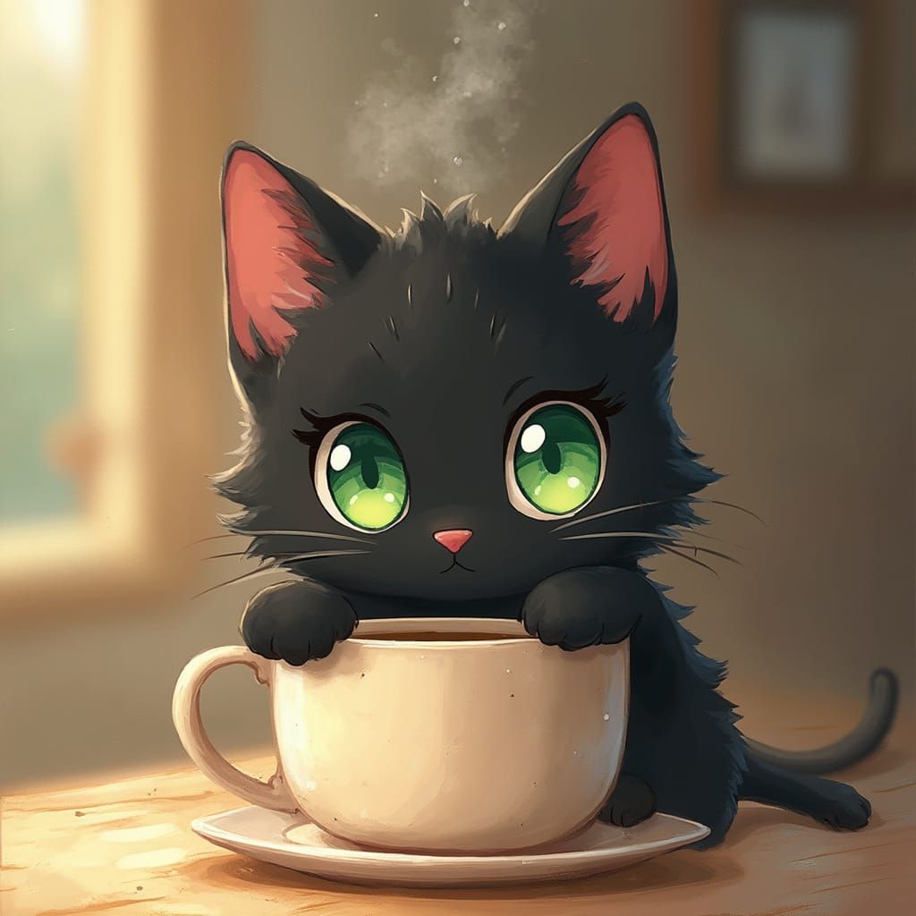 Anime Cat in Whimsical Coffee Moment