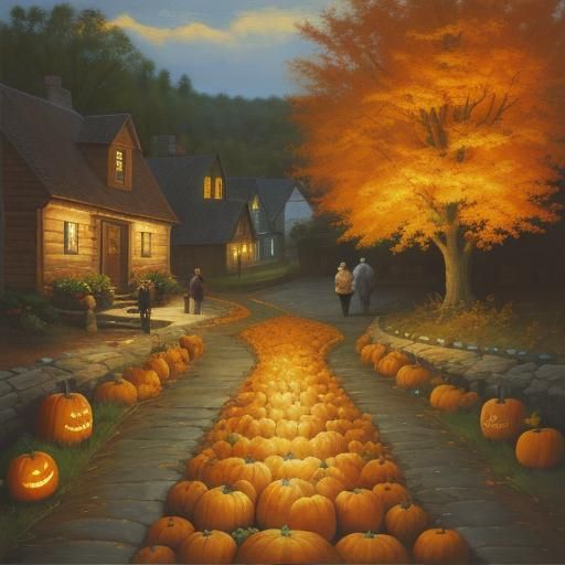 Autumn Village Stroll in Rockwell-esque Oil Painting