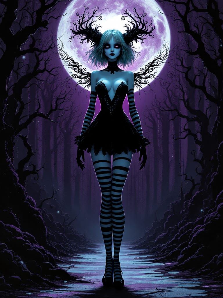 Gothic Carnival Pin-Up Girl Under Purple Moon