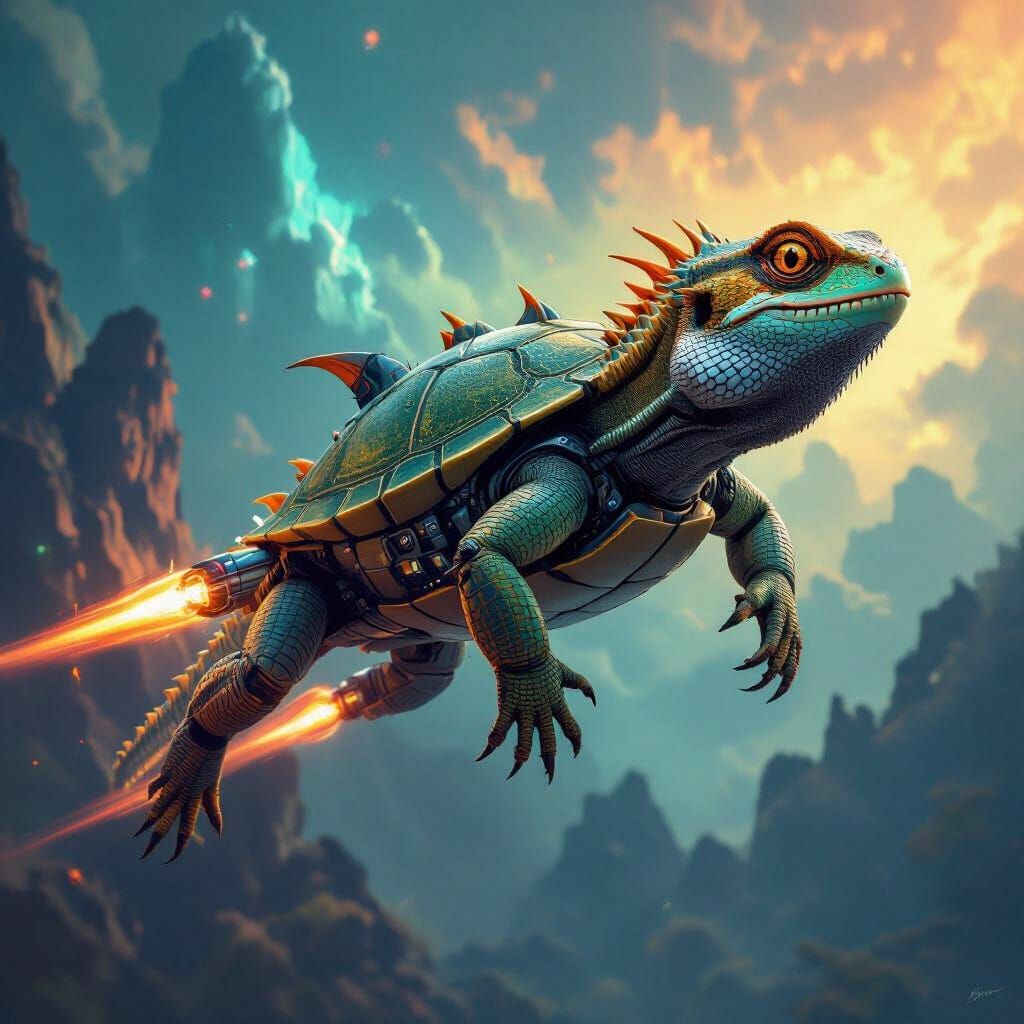 Hybrid Reptile Creature with Jet Thrusters in Alien Sky