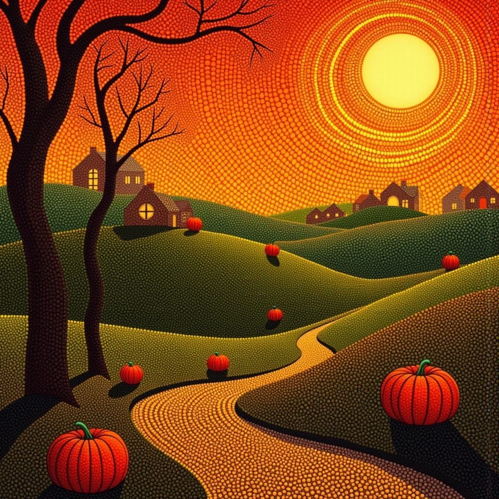 Halloween Autumn Landscape in Pointillism Style