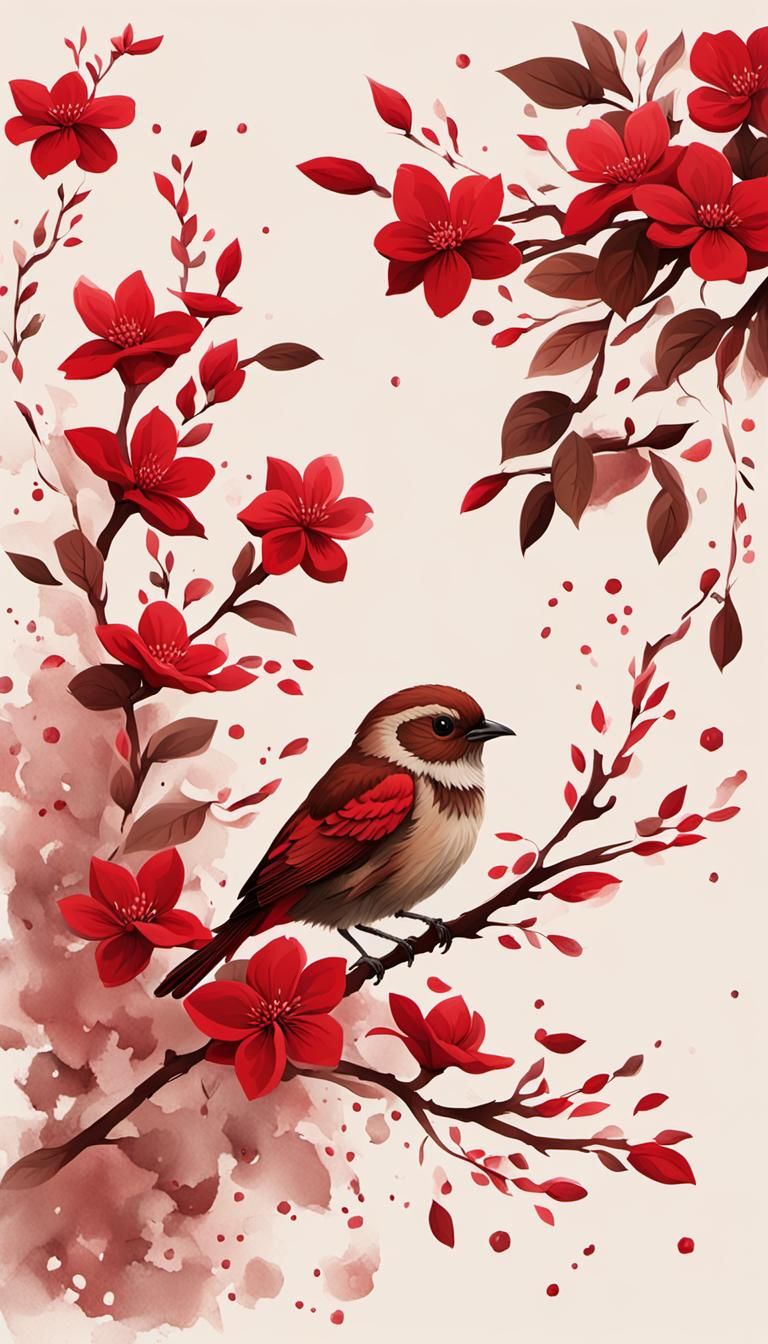 Minimal Mystical Blossom in Scarlet and Brown