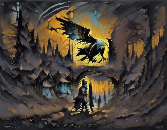 Surreal Ink Raven in Flight with Dripping Wings