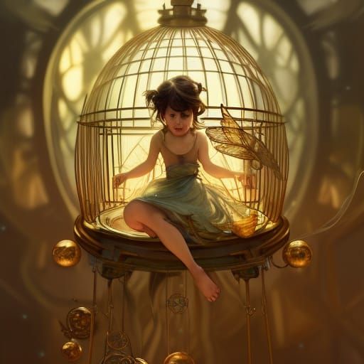 Steampunk Fairy in Golden Cage Illustration