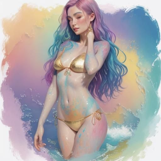 Woman Bathing in Rainbow Sea as Impressionistic Art