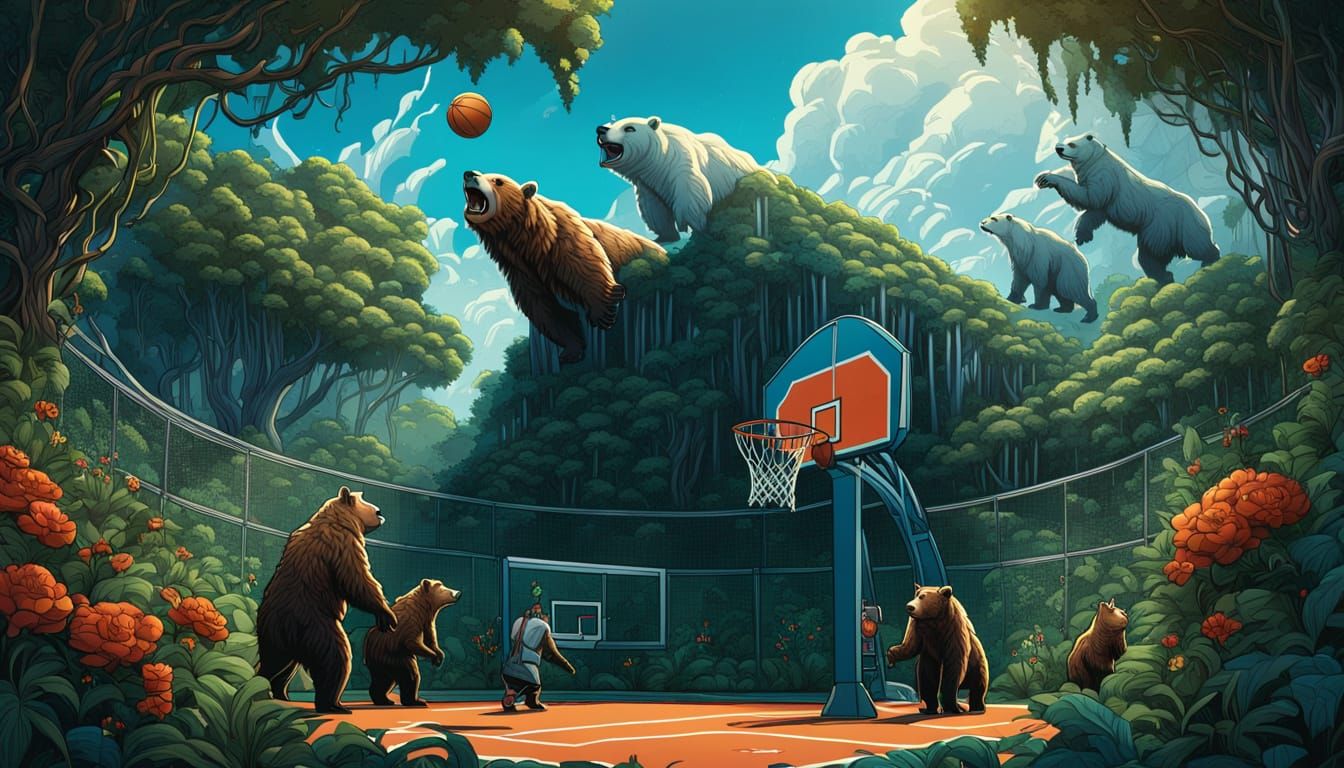 Jungle Basketball Game with Bears in Comic Book Art